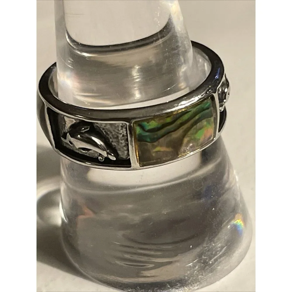 Abalone Shell Silver Tone Inlay Dolphin Ring‎ Band Size 9.5  Beach Vacation A122